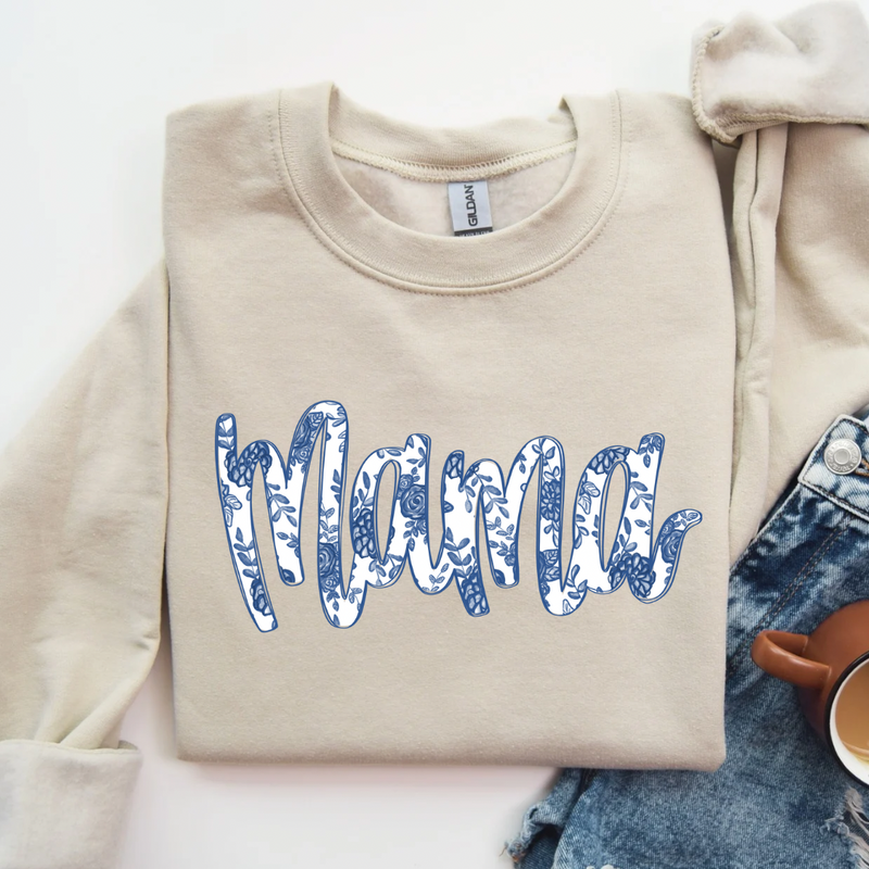 Blue and White Mama Script Crewneck