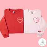 Personalized Candy Heart with Title and Names on Sleeve ADULT VDAY CREWNECK