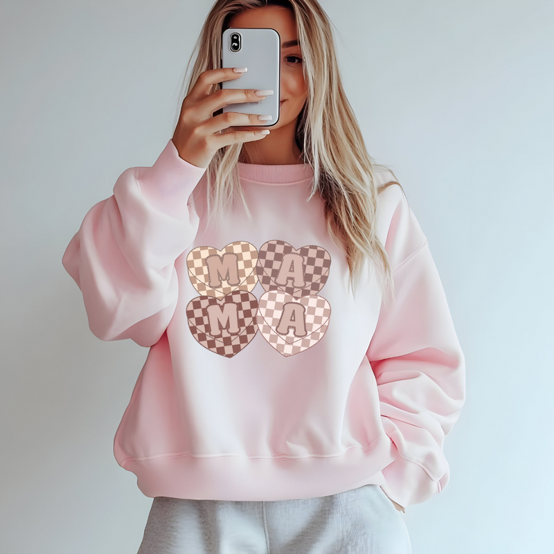 Checkered Mama Hearts ADULT VDAY CREWNECK